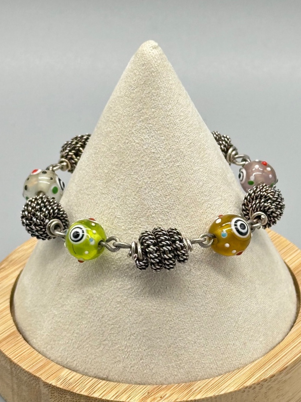 Sterling Silver Lampwork Handblown Glass Beaded Murano Bracelet Size 6 TESTED